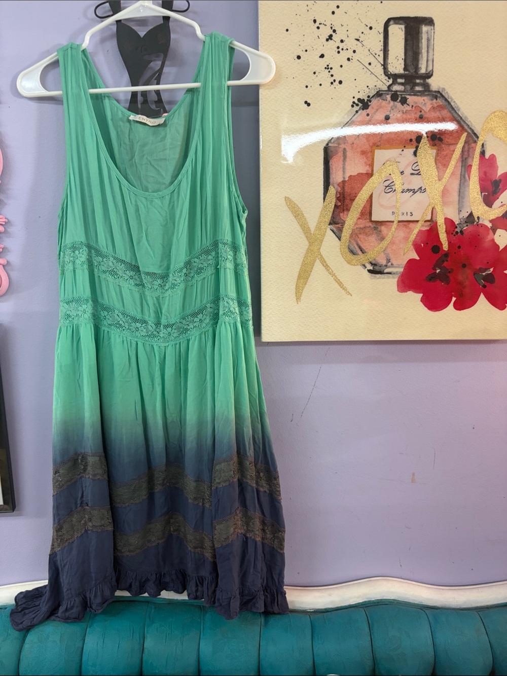 entro Green to Navy Ombre Sleeveless Lace Trim Dress